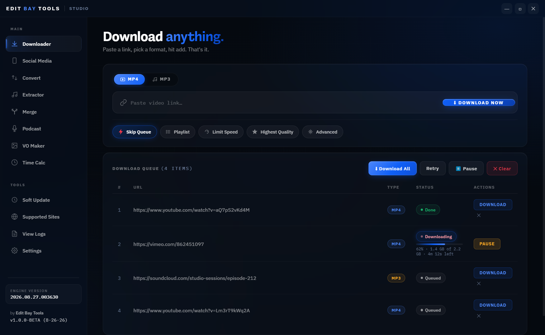 Edit Bay Studio on the Downloader screen: the tool rail on the left, the link field with MP4 and MP3 options, and a download queue of four jobs — one complete, one downloading at 62 per cent with an ETA, and two queued.